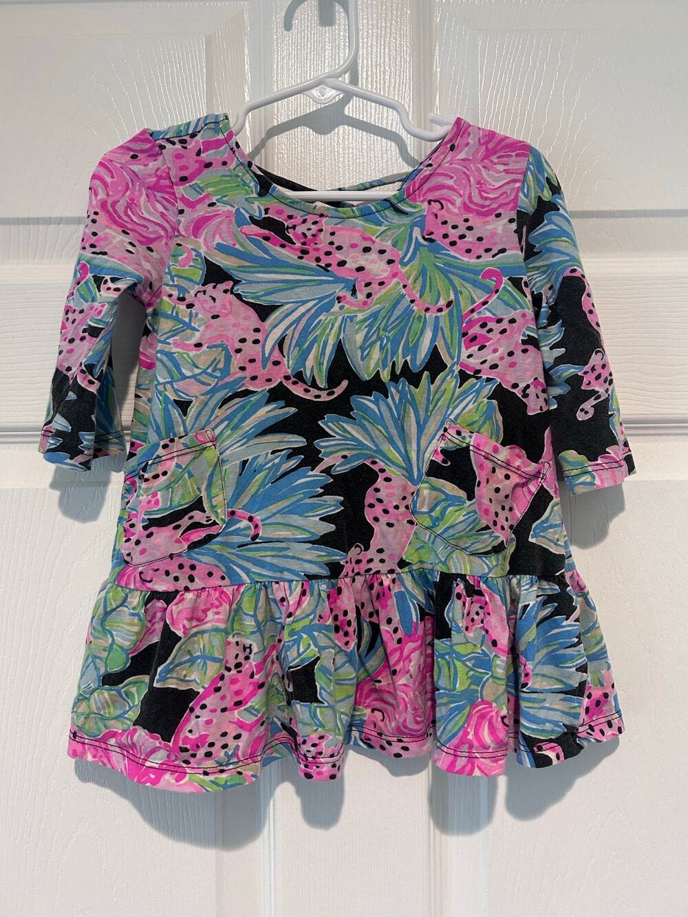 Lilly Pulitzer Mini Jena Dress XS 2-3 Jaguar Jungle Pink Black Ruffle Jersey